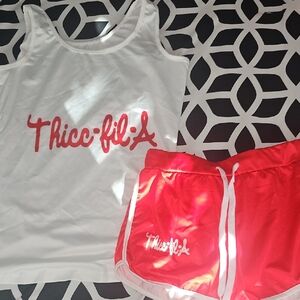 Red and White Thicc-fil-A Tank and Shorts Set